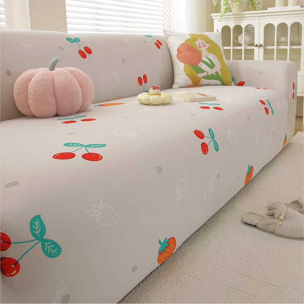 Cherry Pattern Milk Silk High Stretch Sofa Slipcover Anti‑Slip Washable Full Wrap Couch Protector
