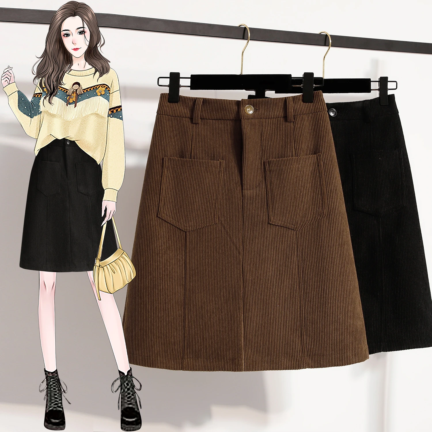 

Юбка А-силуэта с высокой талией, женская, больших размеров, вельветовая, универсальная, для повседневной носки, осенне-зимняя, новинка, модная юбка