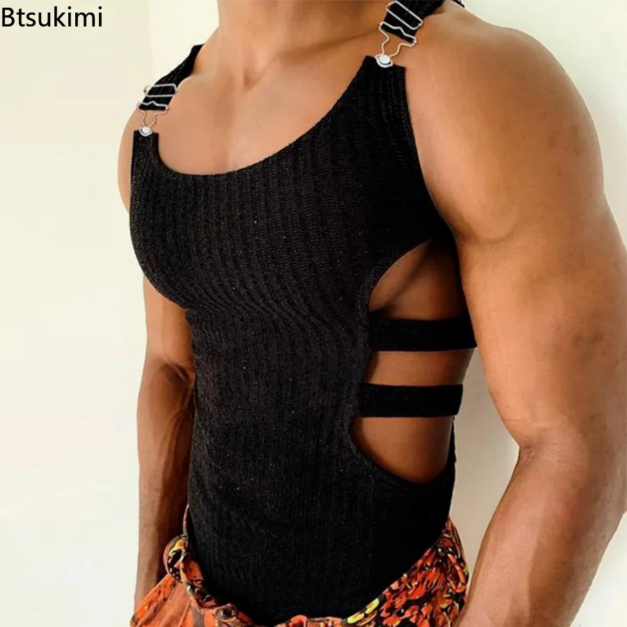 New Gym Tank Top Men T-shirts Slim Fit Bodybuilding Sports Fitness Ribbed Vest Tops Breathable Hollow Out Sleeveless Shirts Male