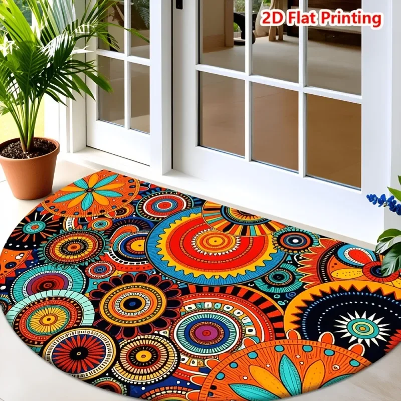 Mexican Folk Art Semicircle Doormat Vibrant Colorful Sun and Flower Print Non Slip Floor Mat for Bohemian Home Entryway Decor