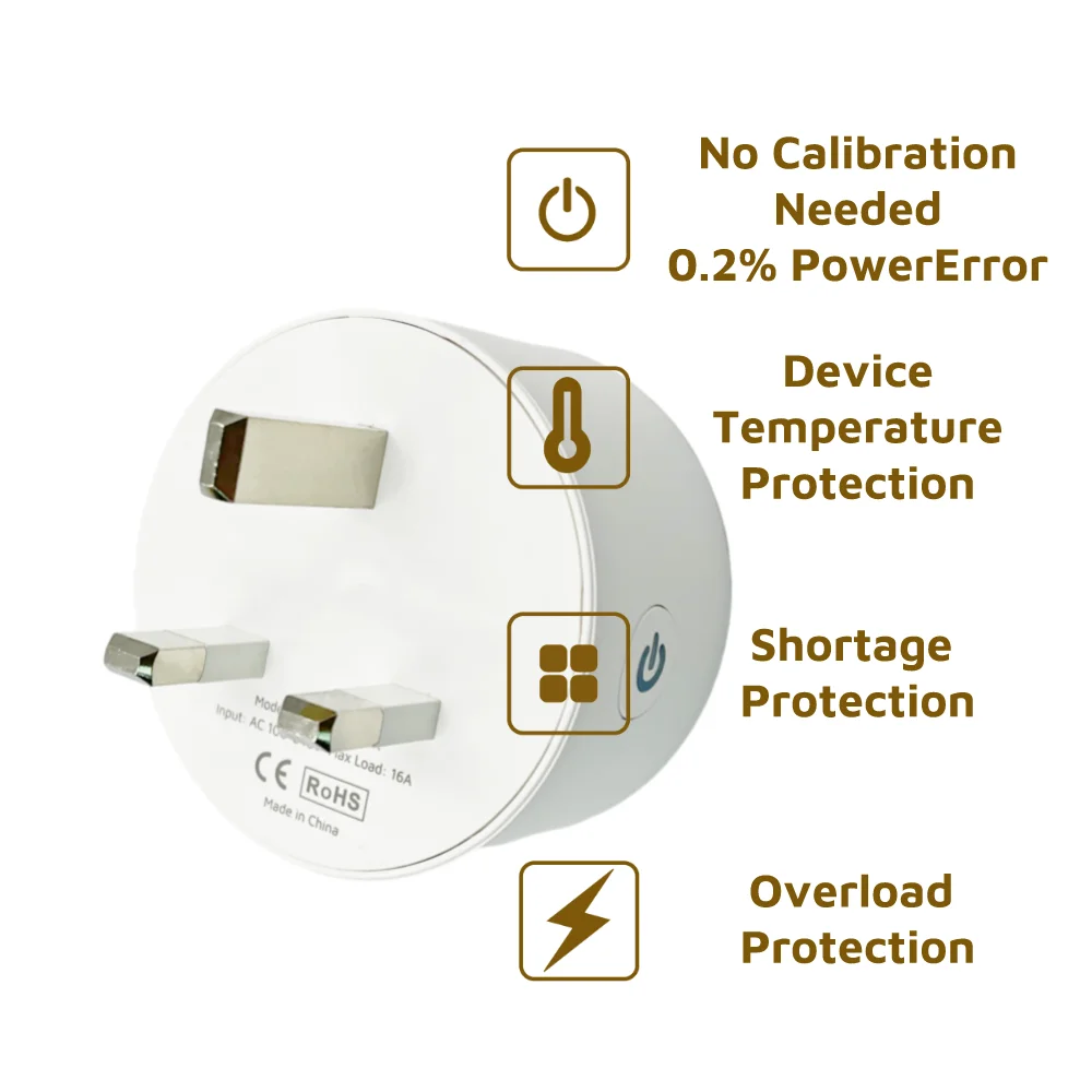 TASMOTA ESP8285 WiFi Plug Works With Home Assitant Electric Consumption Monitoring 16A UK Standard