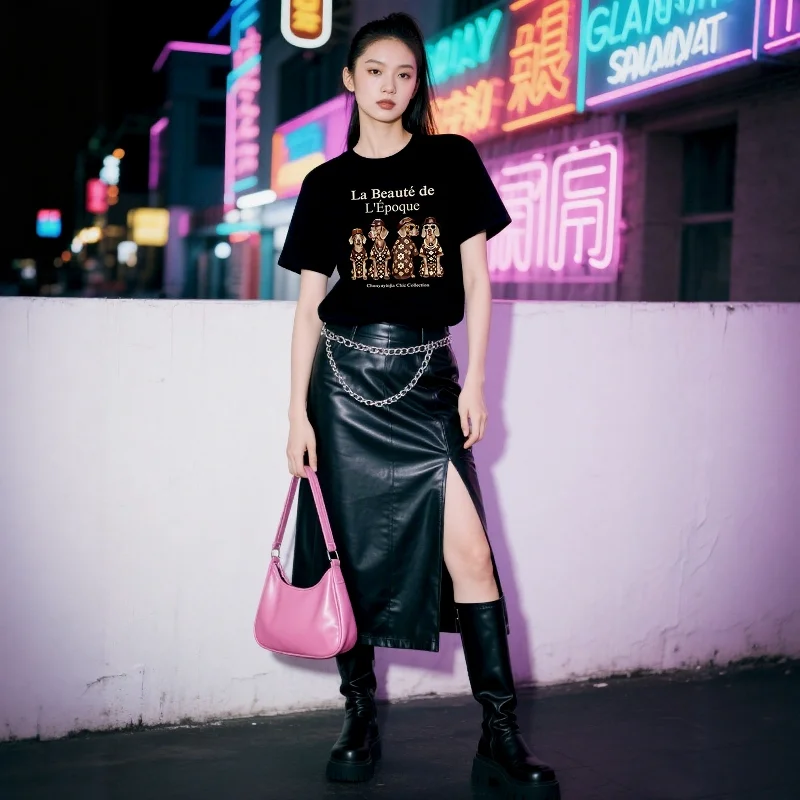 Trendiges süßes Street-Style-Damen-Kurzarm-T-Shirt mit europäischem Stationshund-Muster, bedruckt, modisches, lässiges Oberteil für Damen