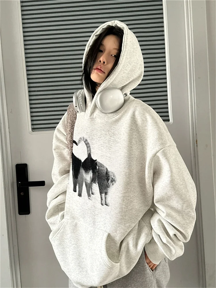 Plus Size Amerikaanse Retro Print Hoodie Dames Thiened Fce Jaet Lazy Sle Buitenkleding Lente Herfst Winter Casual St...