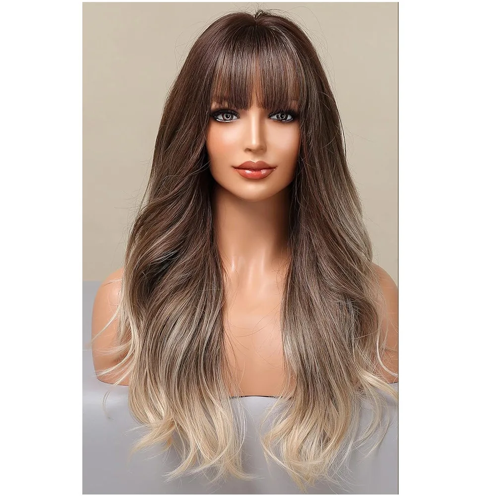 Peluca larga personalizada europea y americana, peluca de onda larga con flequillo, peluca rizada marrón ombré de fibra sintética natural