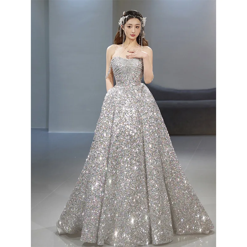 

2024 Handmade Bridal Wedding Dresses, Colorful Sequins, Brilliant Performance Dresses, Business Balls, and Fluffy Skirts