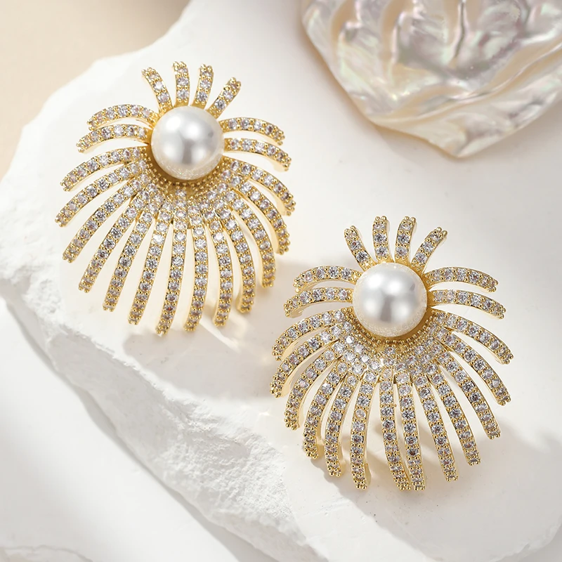 

SENYU Luxury Gold Plated Sunburst Pearl Statement Earrings Sparkling Cubic Zirconia Paved Elegant Floral Bride Jewelry Wedding