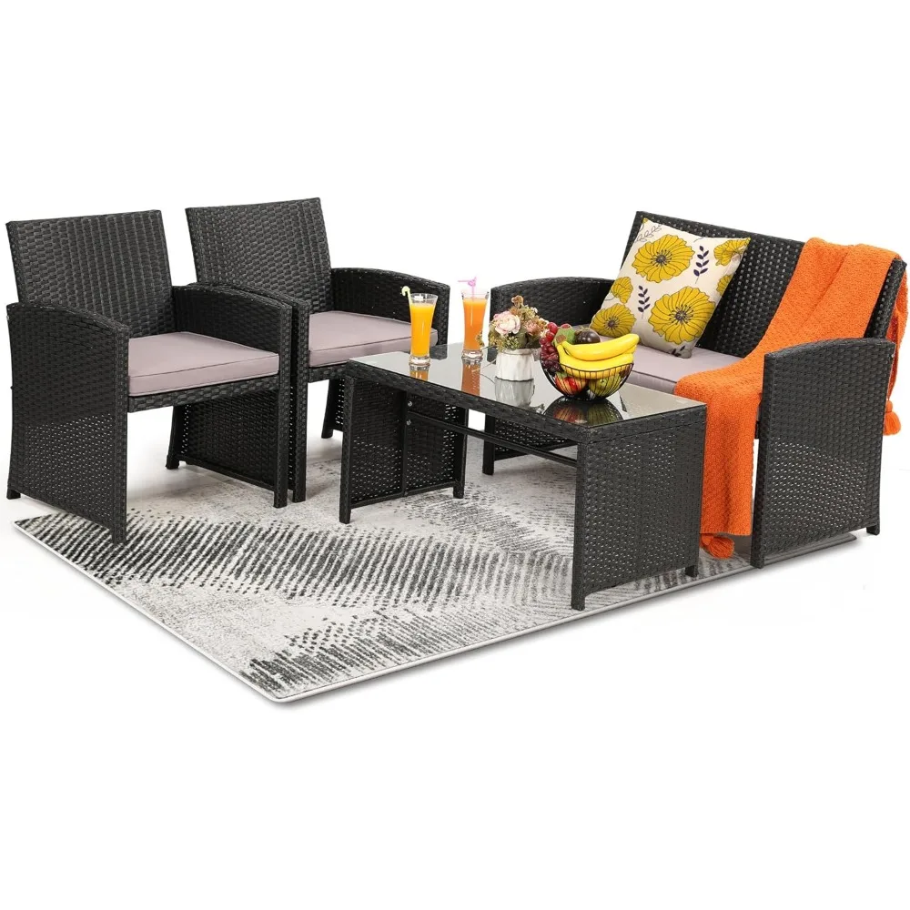 

4 Pieces Rattan Patio Furniture Set,Outside Sectional Conversation Cushioned Sofa Set, Wicker Sofa for Garden, Porch, Backyard