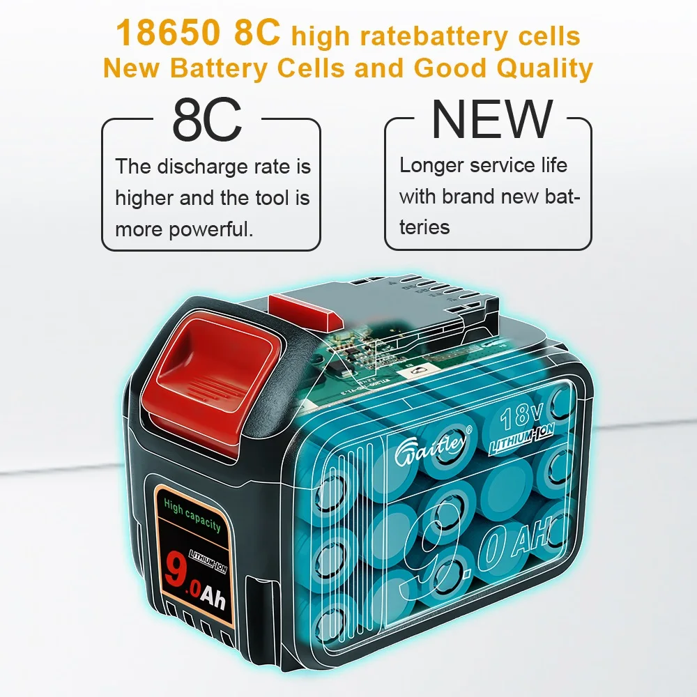 Waitley 18 V 9.0Ah wymiana akumulator litowo-jonowy kompatybilna z elektronarzędziem Dewalt 9000mAh DCB184 181 201 200 20V 18 v 9A