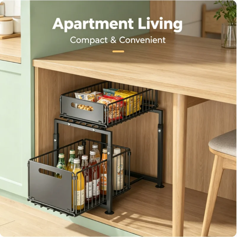 

2 Tier Pull Out Under Sink Organizer Sliding Basket Kitchen Cabinet Storage Shelf for Spice Bottle Can Snack