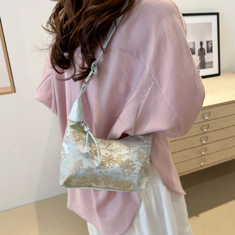 Elegant Jacquard Handbag with Beaded Drawstring Shoulder Bag, Small Top Handle Purse with Traditional Pattern Crossbody Bags