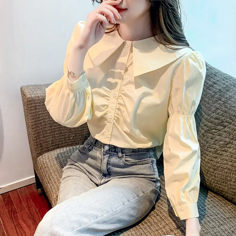 

Female Spring Summer Korean Fashion Shirring Button Women Shirts Simplicity Solid Color Temperament Loose Long Sleeve Top Tee