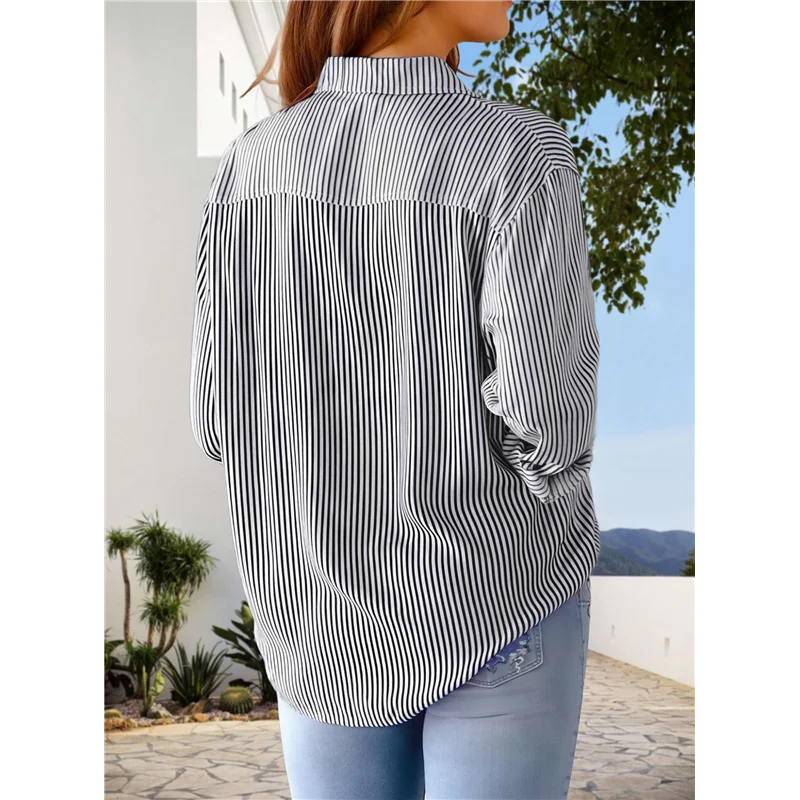 

A83F-Womens Button Down Shirts Striped Classic Long Sleeve Collared Office Work Blouses Tops With Pocket