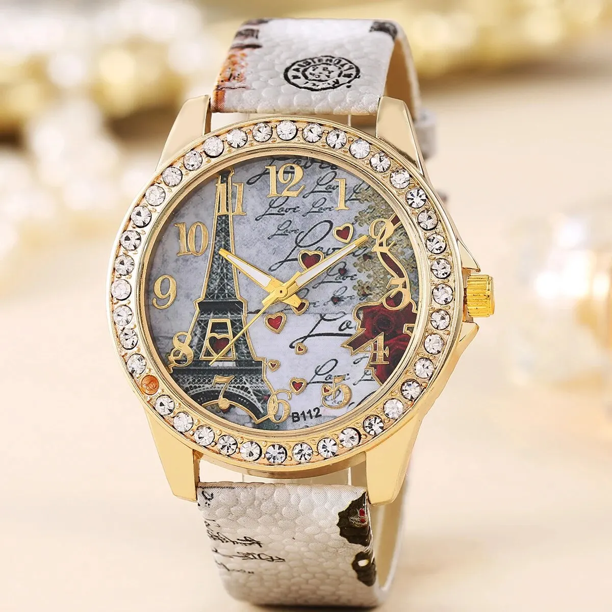 Ladies Fashion Trend Everything Tower Digital Floral Star Printed Leather Watch Band Quartz Watch Birthday Christmas Gift