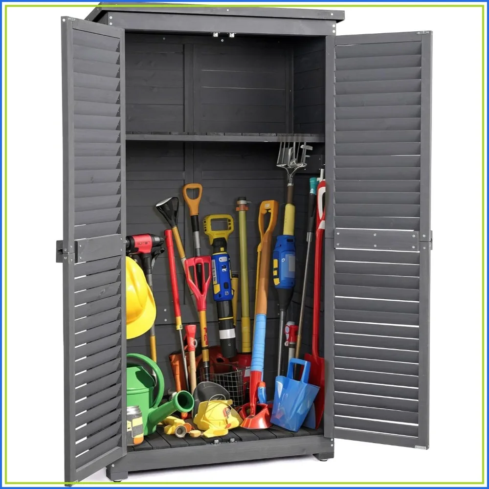 Outdoor Storage Cabinet 63in Grey Wooden Garden Shed 2 Lockable Doors 3 Shelves Waterproof