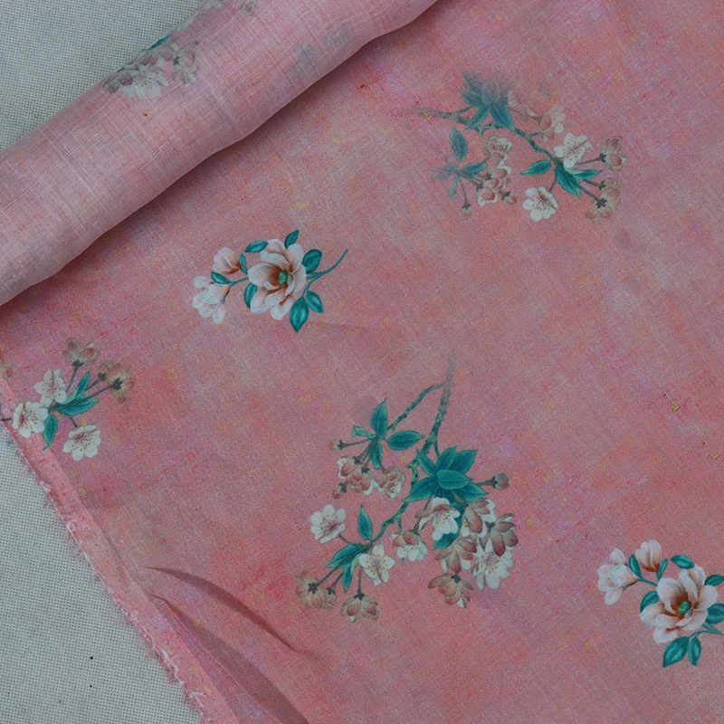 High quality natural pure ramie fabric Green branch white peach printing patchwork High end designer robe shirt dress sewing