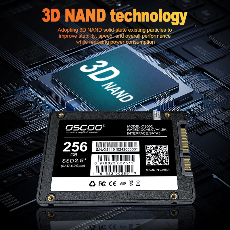 OSCOO SSD SATA3 2.5인치 SSD 하드 디스크 원본 및 "Goodie Chip" 256GB 3D TLC NAND 플래시 데스크탑 노트북용 내부 SATAIII SSD