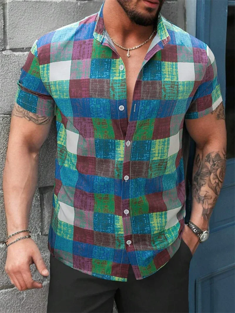 

Men's Simple Casual Color-blocking 3D Printed Lapel Button Short-sleeved Shirt Slim-fit Hawaiian Vacation Casual Outdoor Top