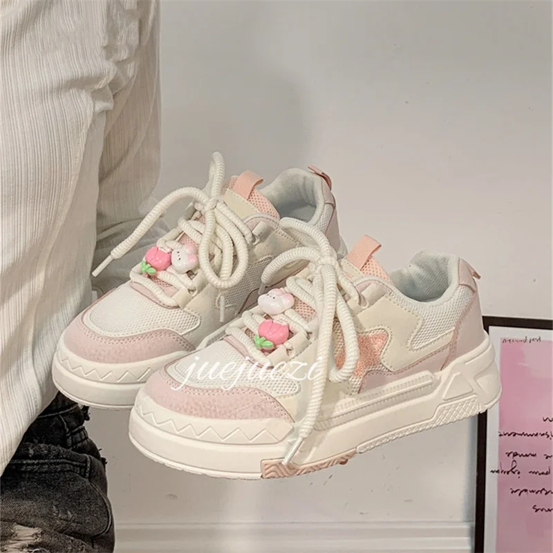 Pink Sports Shoes Woman Spring Autumn 2024 Platform Sneakers Vintage Casual Vulcanize Kawaii Female Flats Platform Shoes