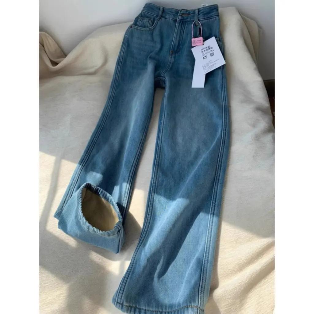 

Женские широкие джинсы с высокой талией, винтажные узкие свободные прямые брюки на флисовой подкладке в американском стиле на осень-зиму