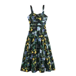 Tangada 2024 Women Flower Print Backless Long Dress Female A-line Dresses QD0109