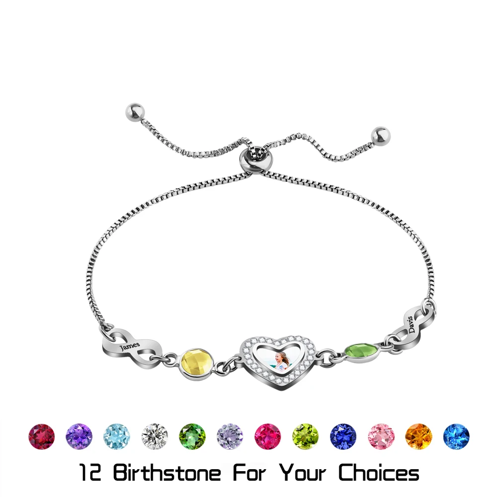 

Персонализированный браслет с именем сердца с камнем по месяцу рождения, Регулируемый Женский браслет, подарок на день Святого Валентина, ювелирные изделия