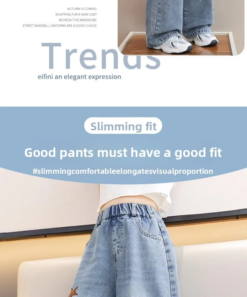 Frühling Herbst Neue Mädchen-Jeans mit Stickerei, Fünfzackiger Stern, Weite Hosen für 3-12 Jahre alte Teenager-Mädchen, Stylische Denim-Hosen mit weitem Bein – Detail 6