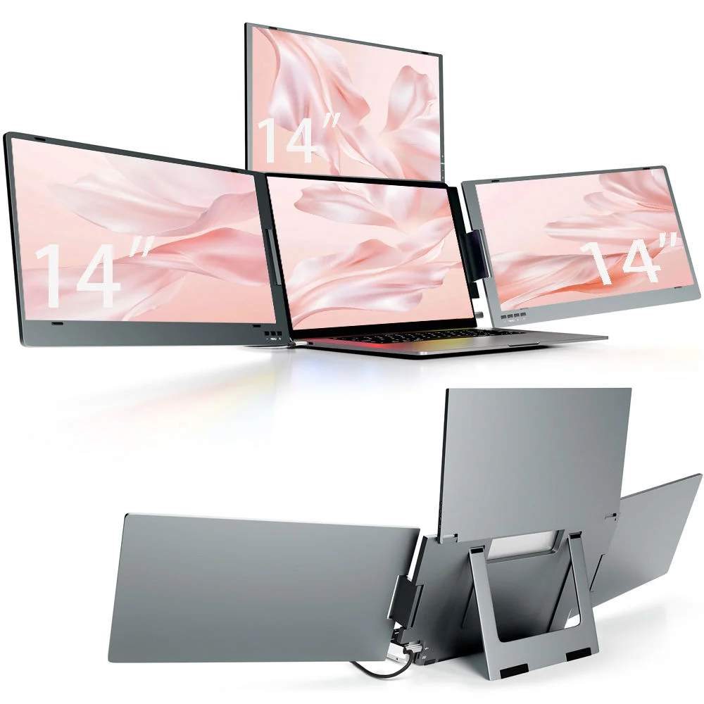 

14 Inch Trifold Portable Monitor with 3 Screens for Laptop Screen Extender Lightweight for Travel & Hybrid Work