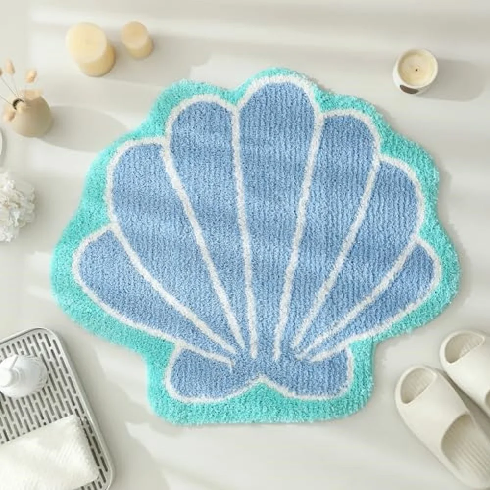 Seashells Bathroom Rug, Blue Bathroom Rugs, Ocean Decor Shell Bath Mat Gifts, Cute Seashell Shaped Bath Rugs for Sea Room Decor
