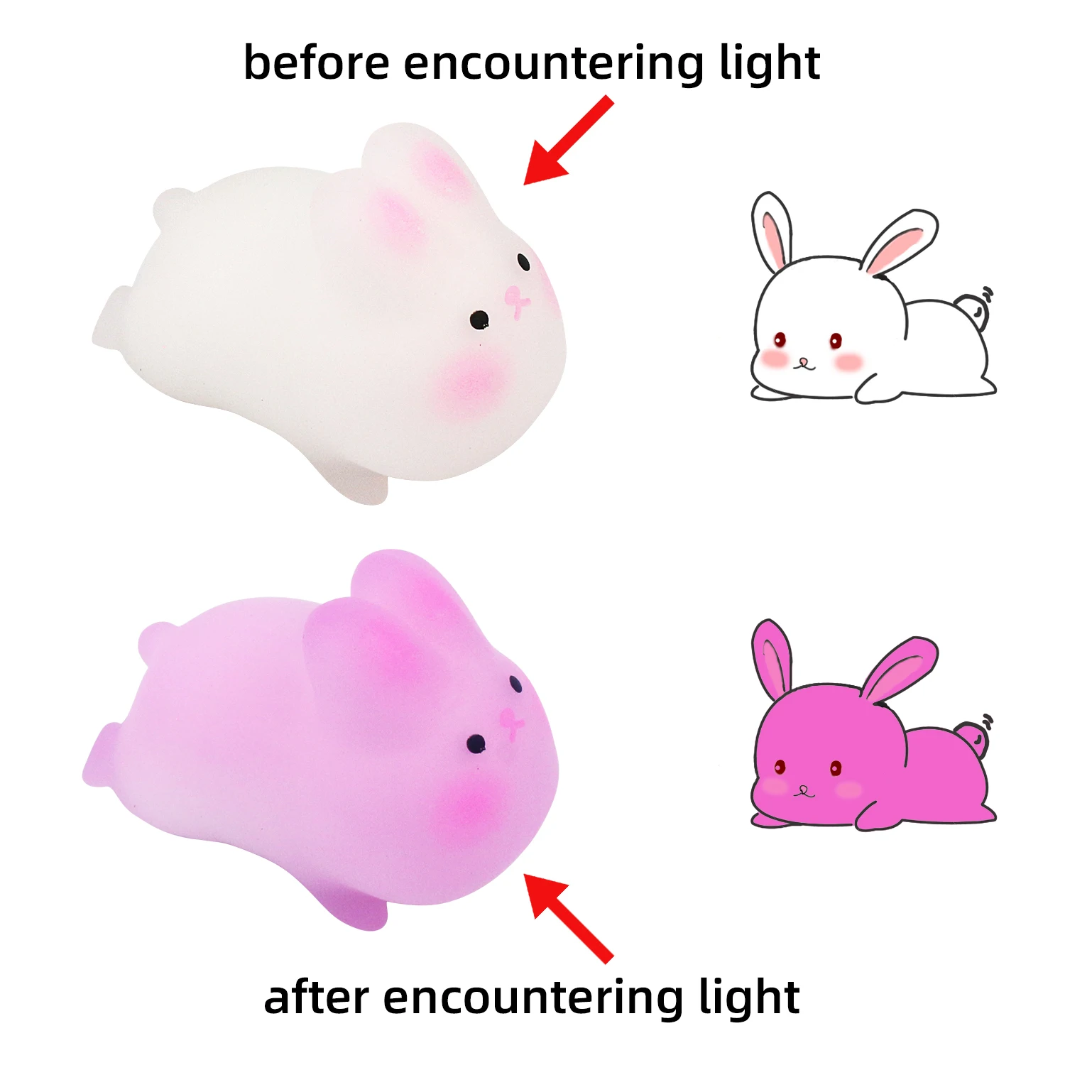 A rabbit that changes color when exposed to light pinches a decompression toy,which will change color when placed under sunlight