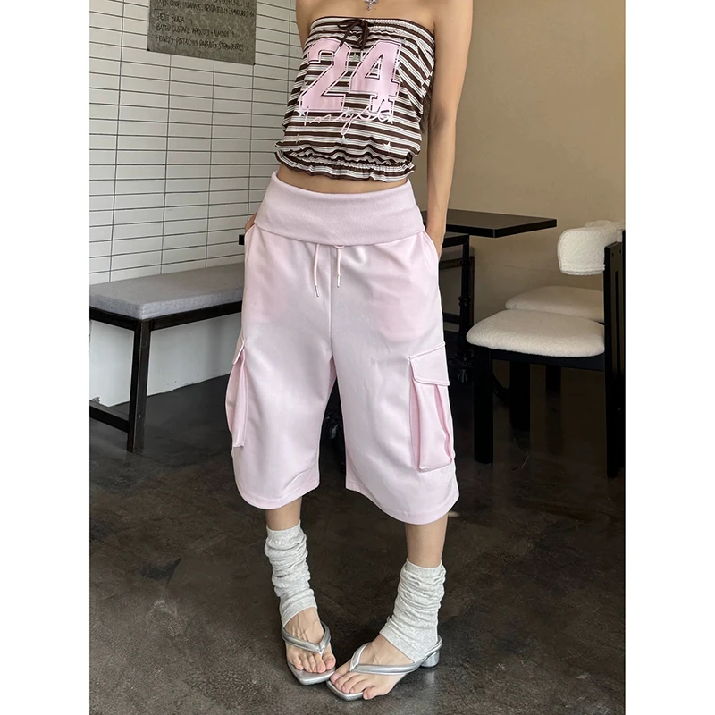 

Женские розовые шорты YIBASHU в стиле Harajuku, свободные спортивные штаны в стиле Y2K, винтажная уличная одежда в японском стиле 2000-х годов, летняя одежда длиной до икр