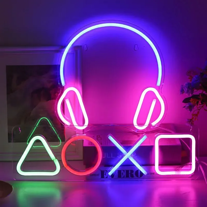 Game Neon Night Light Signs for Wall Playstation Decor Button Keyboard Gamer Led Lights Gaming Gifts Ideas for Teen Boys Bedroom