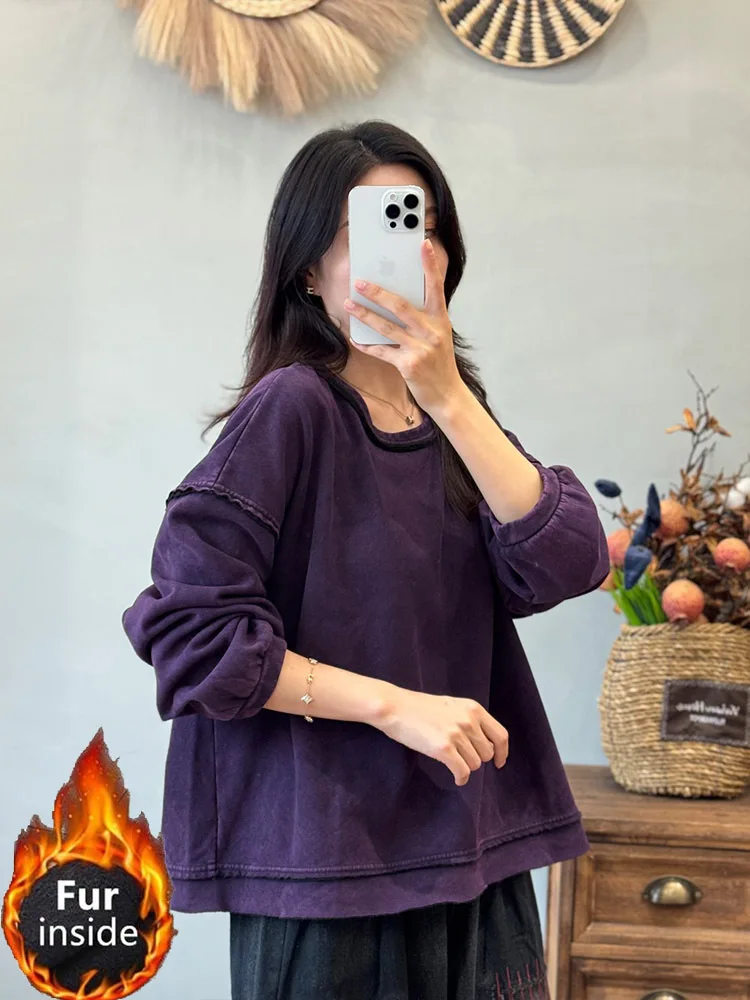 Amax LuluE 2025 Inverno Coreano Classico Solido Vestiti Delle Donne Dell'annata Casual O-Collo di Pelliccia T-Shirt Donne di Modo Classico di Cotone Magliette E Camicette