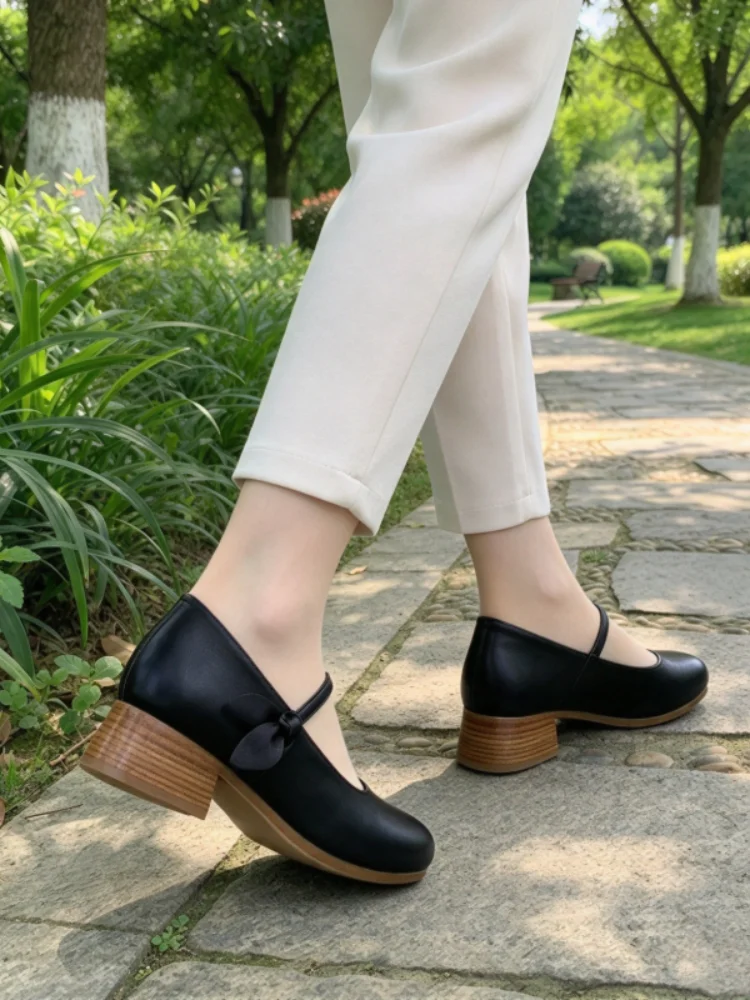 Vintage Round Toe Mary Jane Shoes Women, Block Low Heel Shallow Mouth Pumps, Bow One Strap Commuter Leather Shoes