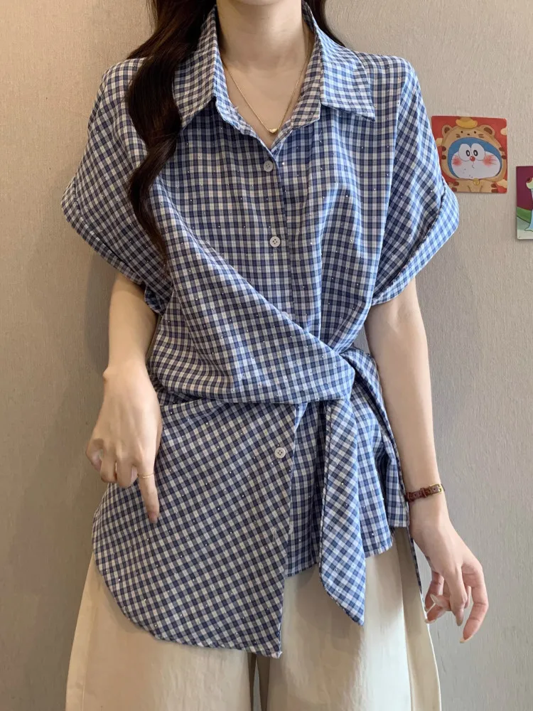 

Women's Plaid Short Sleeve Shirt Belted Waist Design Korean Style Slim Fit Checkered Print Summer Fashion Top Large Size