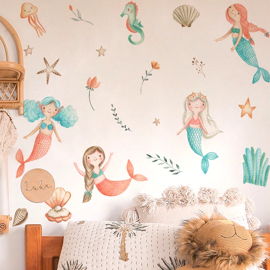 Cartoon Mermaid Jellyfish SeaweedWall Sticker For Girls Kids Bedroom Mermaid Wall Decor Vinyl Mural Decals Muraux