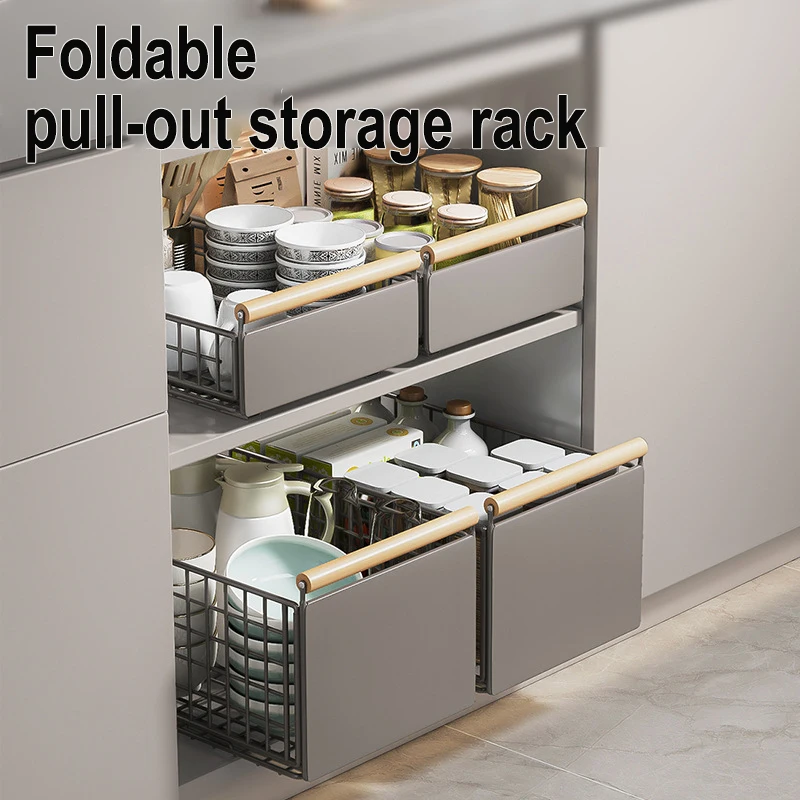 Kitchen Foldable Sink Pull-out Rack Cabinet Push-pull Retractable Basket Organizer Adjustable Slide Drawer Dish Storage Rack