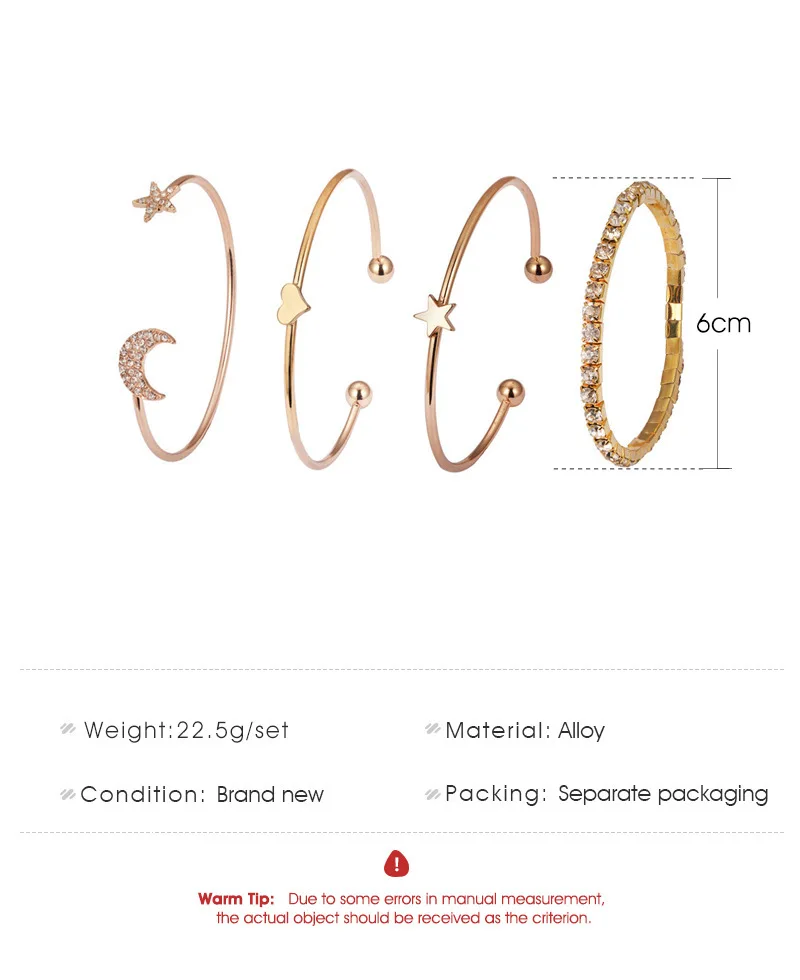 4pcs/Set Vintage Fashion Charm Star Moon Bracelet for Women Personality Gold-plated Stainless Steel Bracelet Punk Jewelry Set image 3