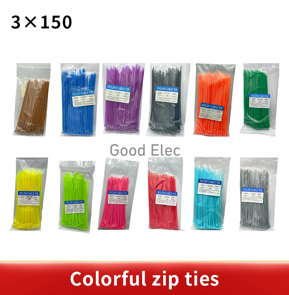 100pcs Colorful 3*150mm width 2.5mm Factory Standard Self-locking Plastic Nylon Cable Ties,Wire Zip Tie