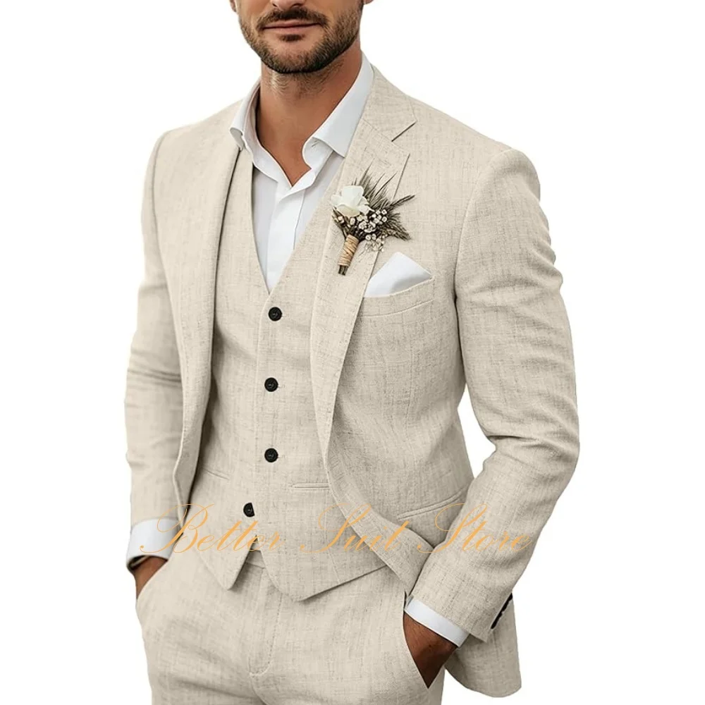 

Men's 3 Piece Linen Suits Casual Blazer Slim Fit Jackets Vest Pants Suit for Men Wedding Business Prom Tuxedos