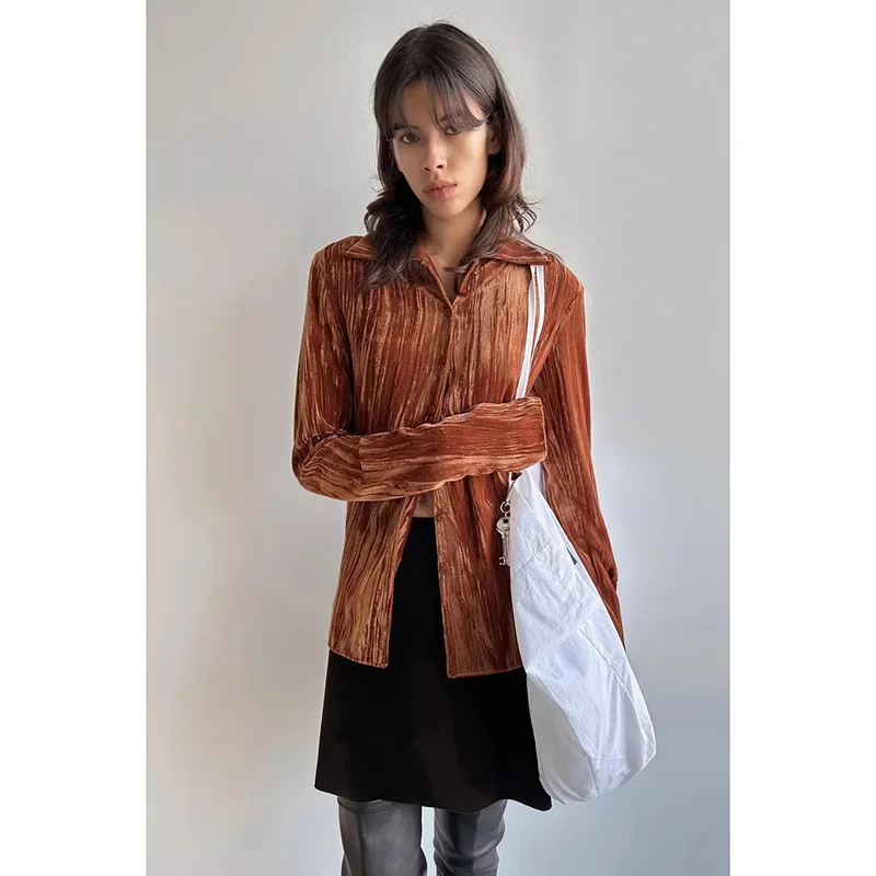 Ladies Retro Corduroy Shirt L0w Cl@ssi  Women Single Row Multi-button Slim Thin Shirt 2024 Spring New Womens Tops Blouse Female