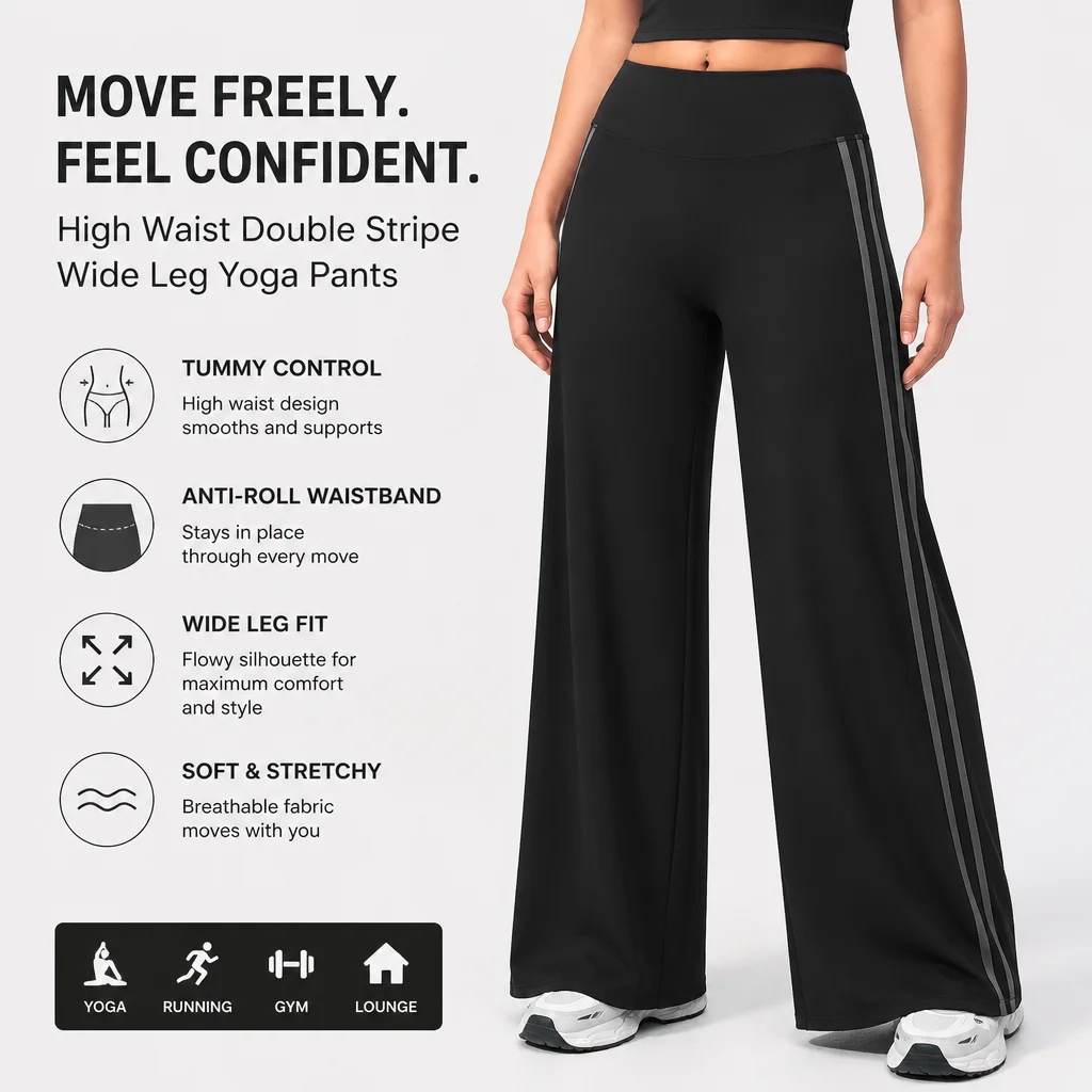 Women's High Waist Side Double Stripe Wide Leg Yoga Pants Tummy Control Flowy Lounge Trousers with Anti-Roll Waistband for Gym R