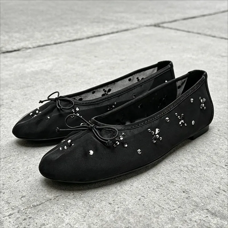 

Summer Black Mesh Ballet Flats Women Luxury Rhinestone Bow Detail Mary Jane Shoes Casual Comfortable Round Toe Designer Shoes