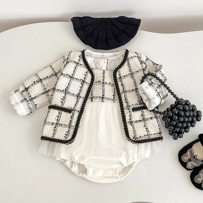 2025 New Autumn 0-3Yrs Baby Girls Clothing Sets Long Sleeves Plaid Cardigan+Sleeveless Jumpsuit Toddler Baby Girl Clothes Suit