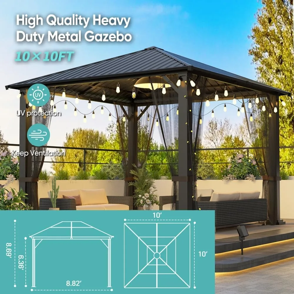 Gazebo con tapa dura de 10x10, pérgola de acero galvanizado resistente con mosquiteras, tienda de campaña resistente para exteriores, cenador de metal