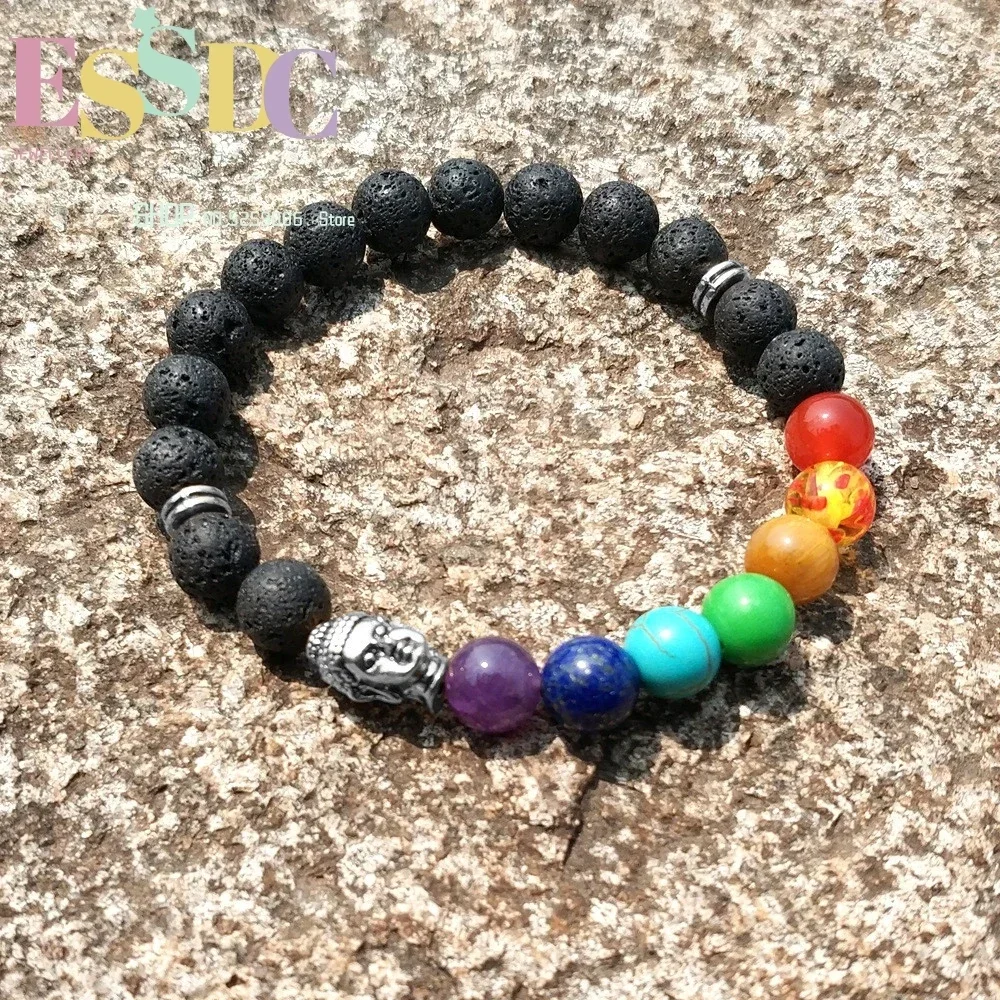 ESSDC 8mm Yoga Energy Black Volcanic Stone Regalite Beads  Golden Buddha Head Charm 7 Chakras Bracelet Summer 2025 New
