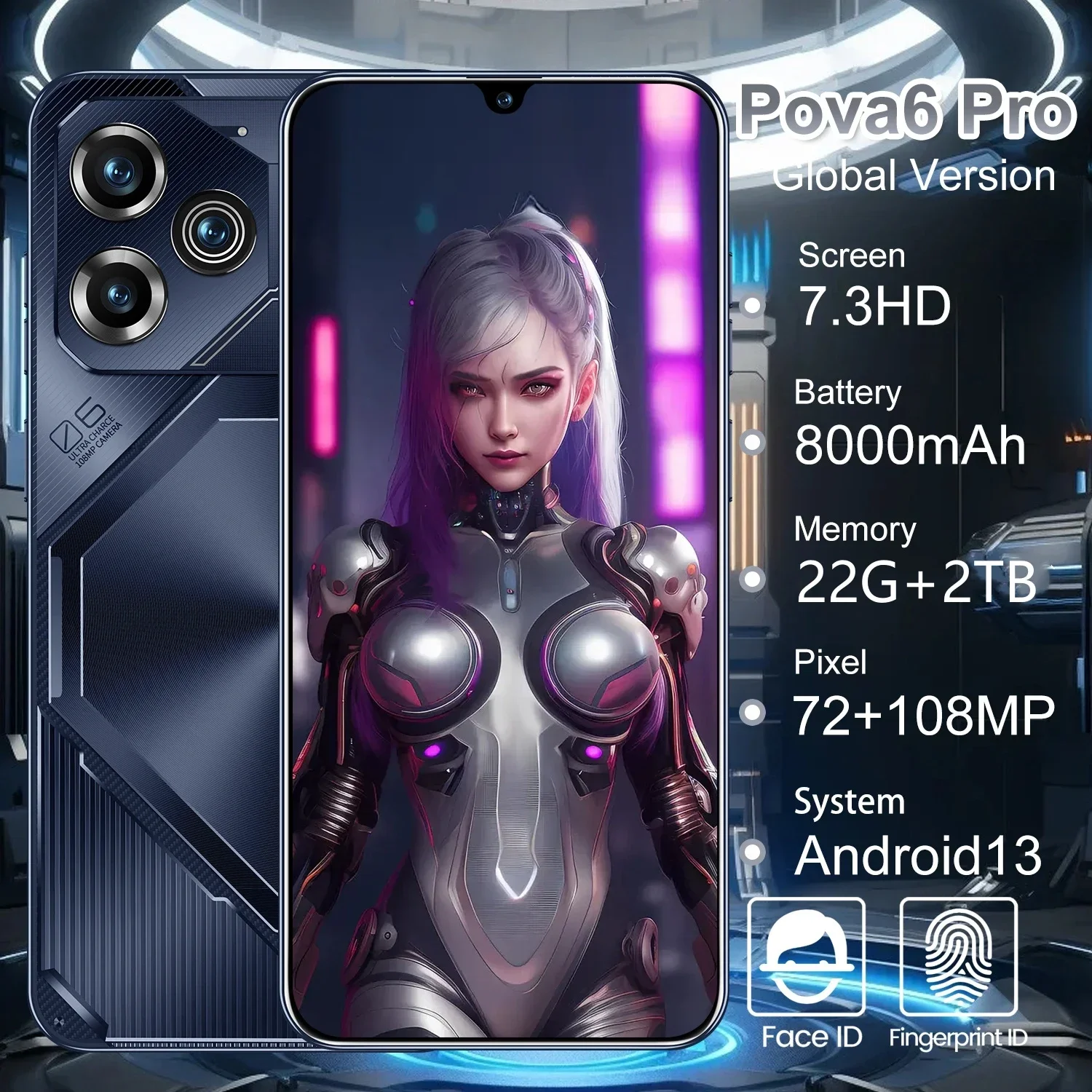 Pova 6 Pro Smartphone 22GB+2TB 7.3 inch Large Screen 8000mAh 4G 5G Dual SIM Cellphone 108MP Camera 10 Core Chip Super Game Phone