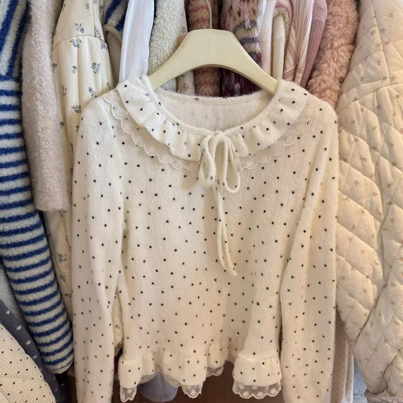 

Kawaii Polka Dots T Shirts Women Japanese Cutecore Lace Patchwork Tops Winter Fashion Korean Bow Lace Up Long Sleeve Loose Tees
