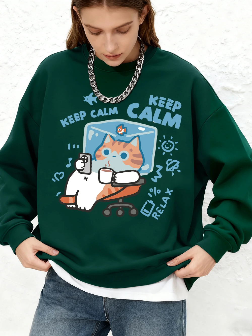 

Keep Calm Relax толстовки с принтом кота, женские повседневные толстовки с круглым вырезом, оверсайз, осенние теплые топы с длинными рукавами, женская одежда для бега