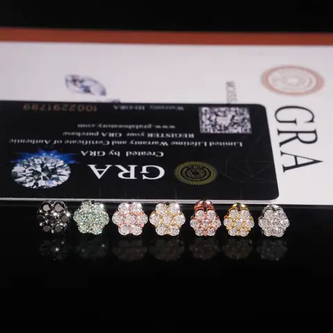 925 Silver Multi-Color Moissanite Flower Cluster Stud Earrings, 7 Stones Round Floral Iced Out Hip Hop Ear Jewelry, Micro Pave Bling Statement Earrings, Birthday Valentine Anniversary Christmas Gift for Club Party Daily Street Fashion Piercing Accessory