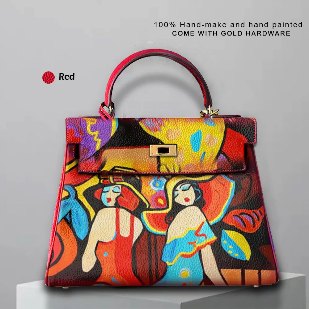 

2023 Gamystye Hand Draw Art Abstract Painting Girl Bags Genuine Togo Leather Ladies purses and handbags Messenger Clutch Totes